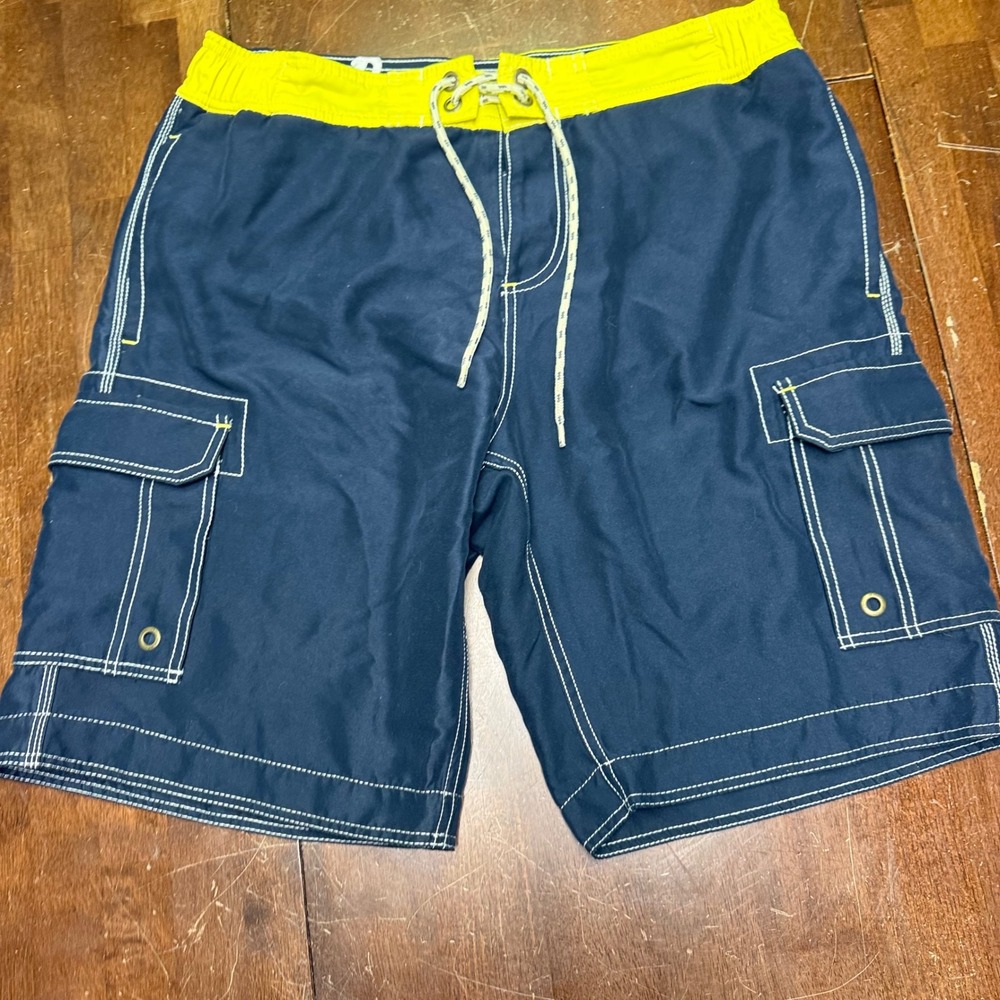 Boden Board Shorts Mens 34 Navy Blue Yellow Contrast Stitch Cargo‎ Swim Trunks
